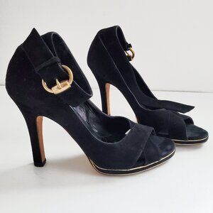 Gucci Black Suede Heels with Gold Buckle Metallic Gold Piping Size 39